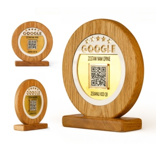 Drewniany stand do opinii Google z kodem QR – tabliczka z litego dębu na recepcję
