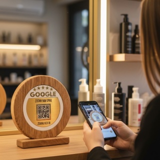 Drewniany stand do opinii Google z kodem QR – tabliczka z litego dębu na recepcję