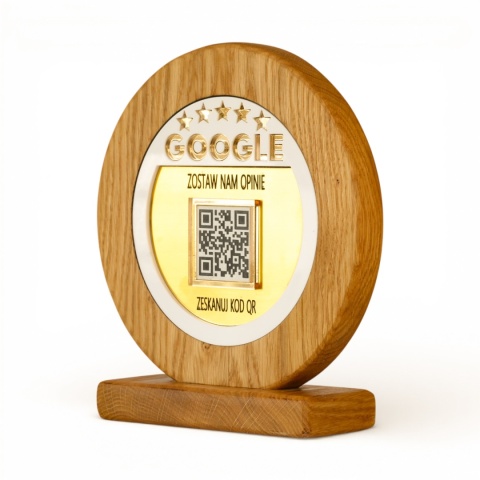 Drewniany stand do opinii Google z kodem QR – tabliczka z litego dębu na recepcję