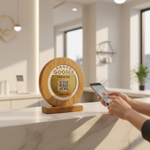 Drewniany stand do opinii Google z kodem QR – tabliczka z litego dębu na recepcję