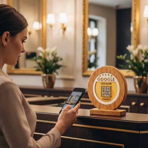 Drewniany stand do opinii Google z kodem QR – tabliczka z litego dębu na recepcję