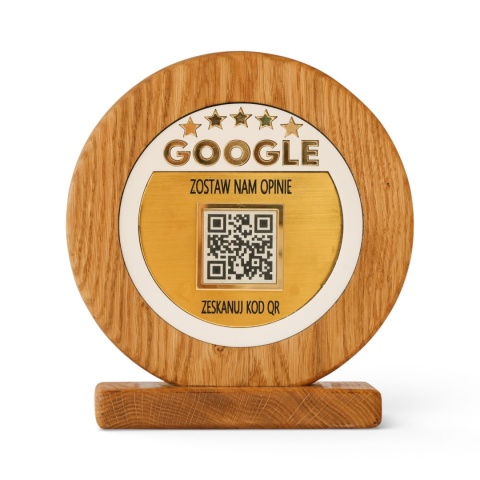 Drewniany stand do opinii Google z kodem QR – tabliczka z litego dębu na recepcję