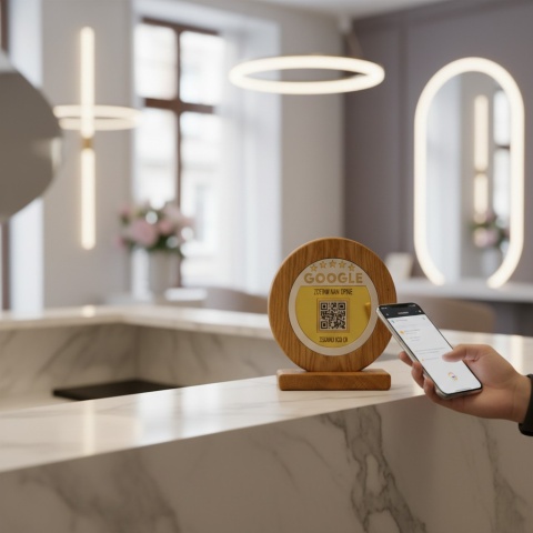 Drewniany stand do opinii Google z kodem QR – tabliczka z litego dębu na recepcję