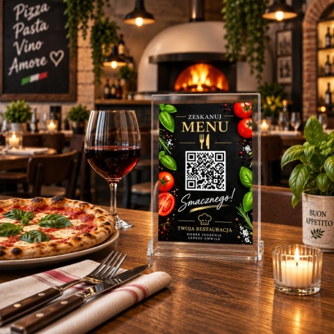 Menu na stolik z kodem QR – tabliczka z pleksi i aluminium do restauracji