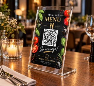 Menu na stolik z kodem QR – tabliczka z pleksi i aluminium do restauracji
