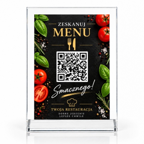 Menu na stolik z kodem QR – tabliczka z pleksi i aluminium do restauracji