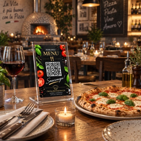 Menu na stolik z kodem QR – tabliczka z pleksi i aluminium do restauracji