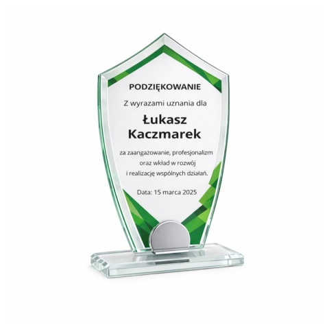 Statuetka szklana TARCZA 10 mm z personalizacją – nagroda firmowa