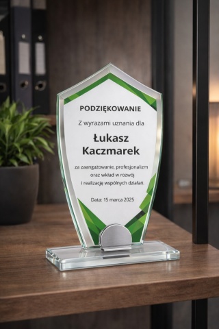 Statuetka szklana TARCZA 10 mm z personalizacją – nagroda firmowa