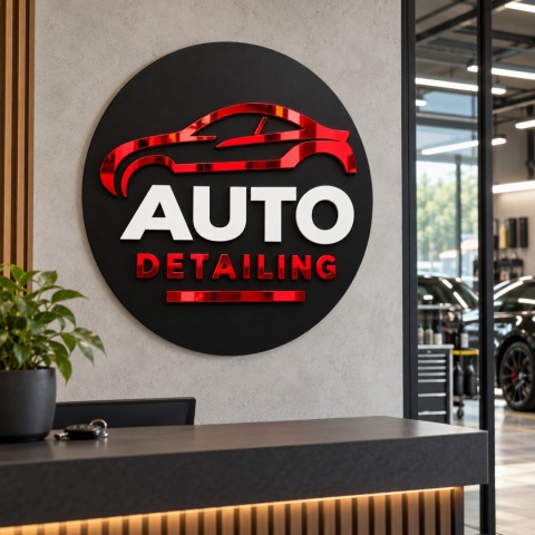 Szyld 3D z logo do warsztatu samochodowego i studia auto detailingu – okrągły