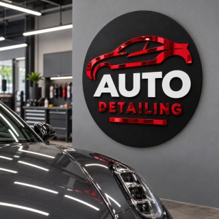 Szyld 3D z logo do warsztatu samochodowego i studia auto detailingu – okrągły