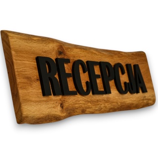 Dębowy szyld „Recepcja” 3D – lite drewno, czarna pleksi 78 cm