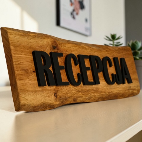 Dębowy szyld „Recepcja” 3D – lite drewno, czarna pleksi 78 cm