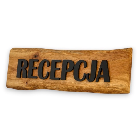 Dębowy szyld „Recepcja” 3D – lite drewno, czarna pleksi 78 cm