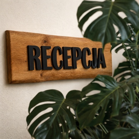 Dębowy szyld „Recepcja” 3D – lite drewno, czarna pleksi 78 cm