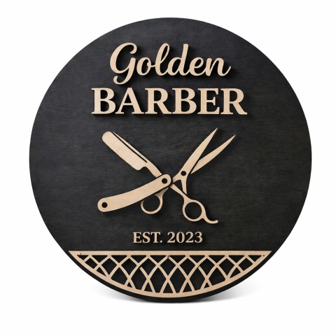 okrągły szyld 3D barber logo na czarnym tle