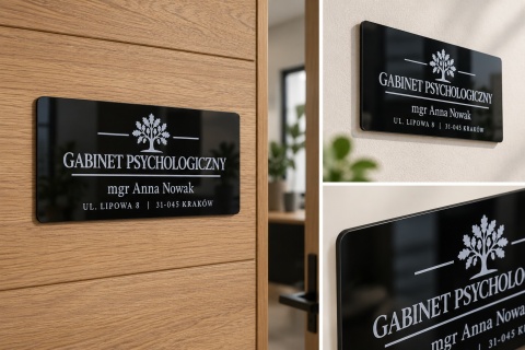 Tabliczka na Drzwi Gabinetu z Logo i Grawerem – Czarna Pleksi 20×10 cm