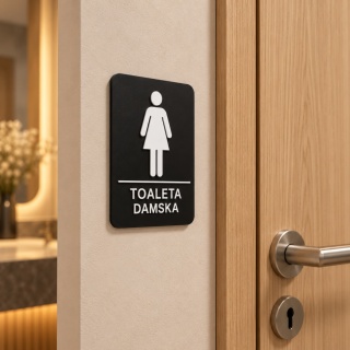 Tabliczka na drzwi TOALETA DAMSKA – Szyld WC damskie z plexi czarny mat
