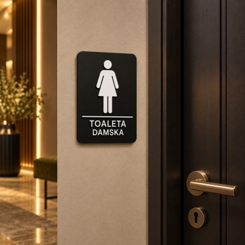 Tabliczka na drzwi TOALETA DAMSKA – Szyld WC damskie z plexi czarny mat