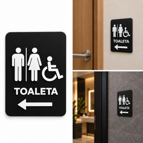 Tabliczka na drzwi TOALETA WC uniwersalna – Piktogramy z plexi czarny mat