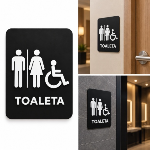 Tabliczka na drzwi TOALETA WC uniwersalna – Piktogramy z plexi czarny mat