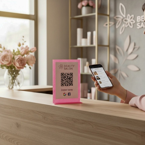 Tabliczka z kodem QR – Oceń nas w Google | stojak na recepcję